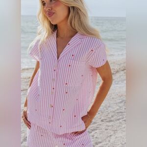 STARFIT Short Pajama Set Pink Seersucker Stripe Hearts Shirt Shorts PJs Button
